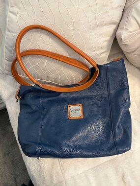 Valentina Navy Pebbled Leather Shoulder Bag with Cognac Handles